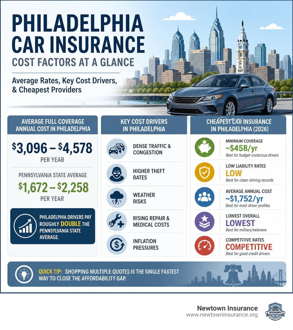 Philadelphia car insurance cost factors infographic showing average rates, key cost drivers, and cheapest providers Philadelphia car insurance cost factors infographic showing average rates, key cost drivers, and cheapest providers