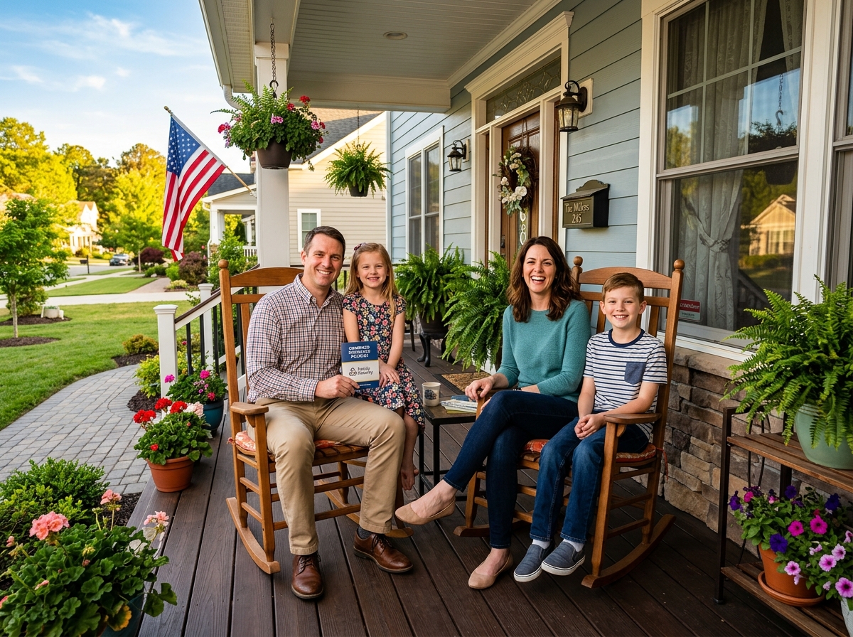 A happy family sitting on their porch, feeling secure with their combined insurance policies - car motorcycle and home