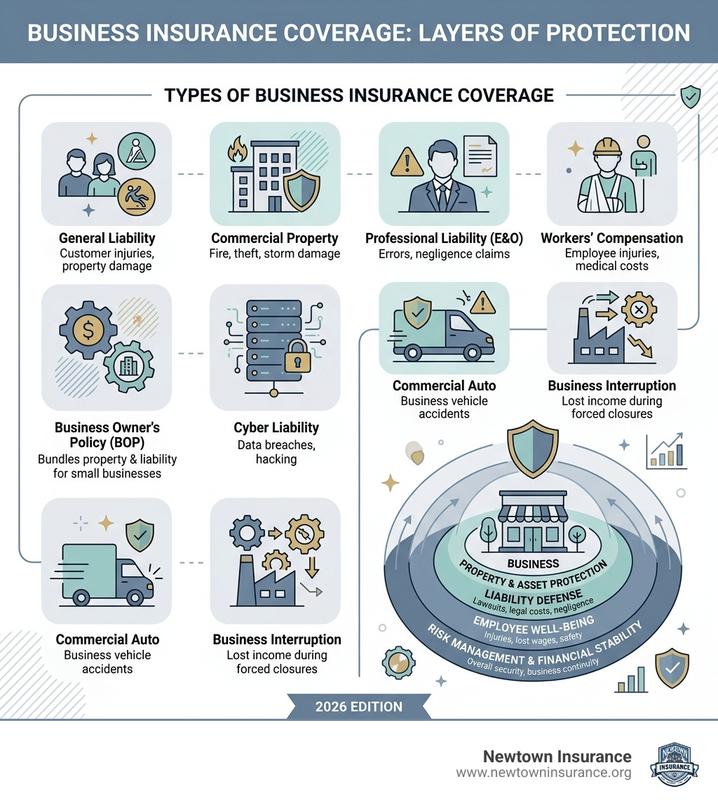 Types of business insurance coverage and layers of business protection infographic - business insurance coverage infographic 