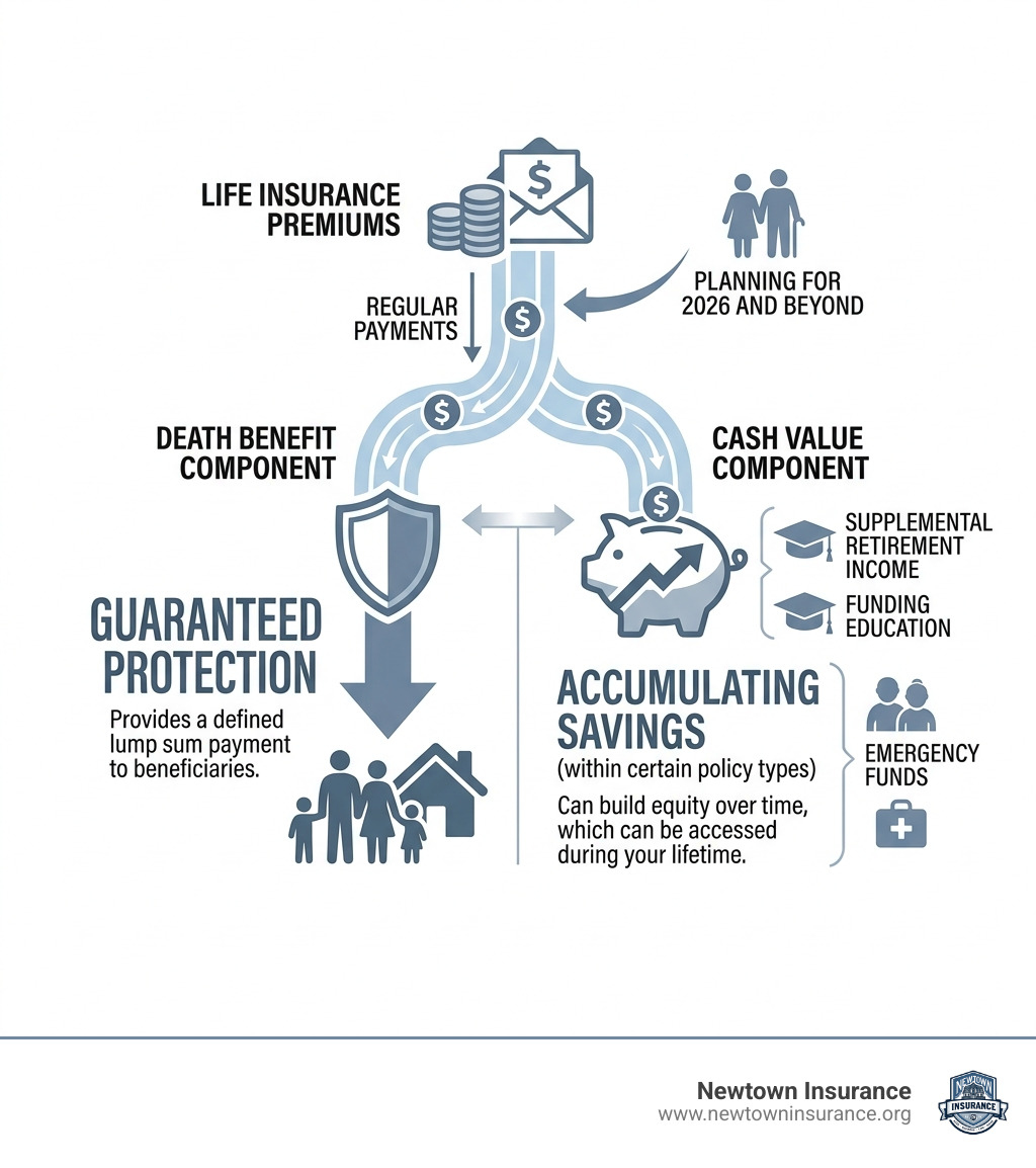 Infographic showing how life insurance premiums flow into a death benefit and cash value component - life insurance options
