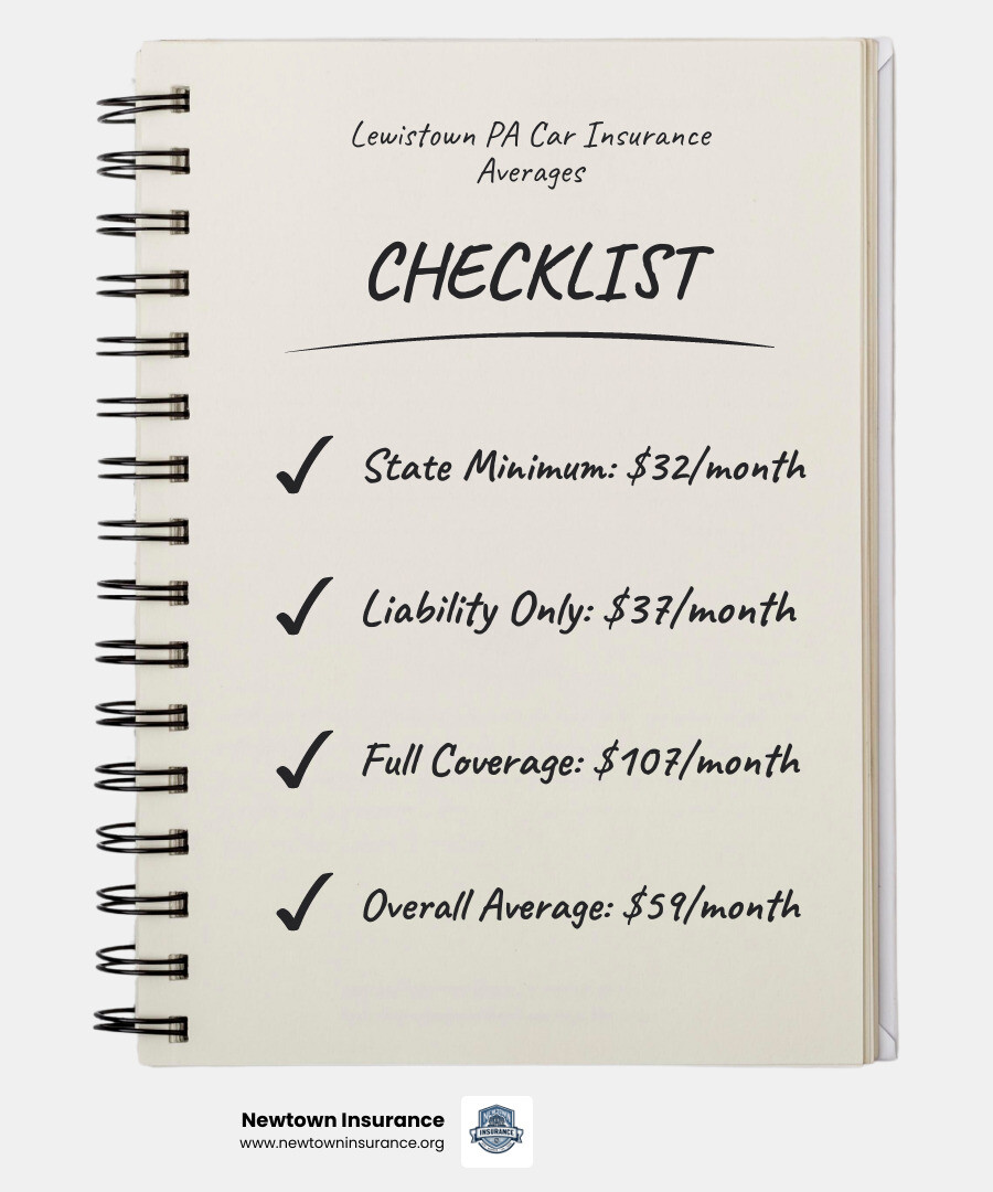 Lewistown PA car insurance cost averages by coverage type and monthly premium breakdown infographic Lewistown PA car insurance cost averages by coverage type and monthly premium breakdown infographic