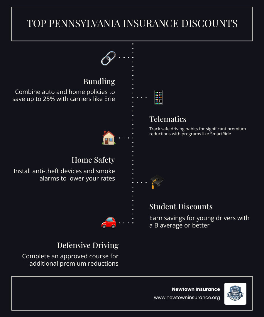 Infographic showing common insurance discounts: bundling, safe driving, good student, and protective devices infographic