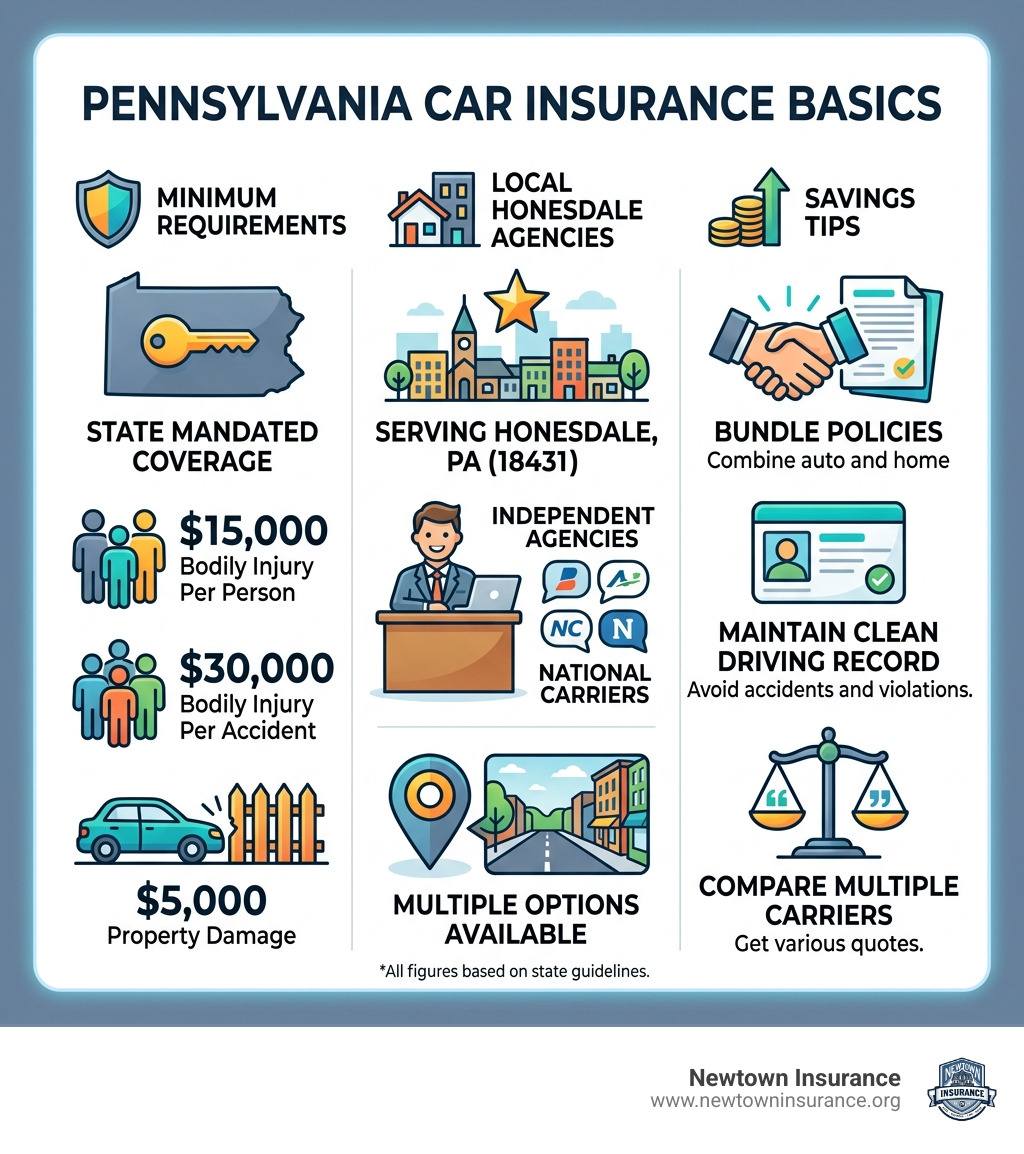 Pennsylvania car insurance basics infographic showing minimum requirements, local agencies, and savings tips - car insurance