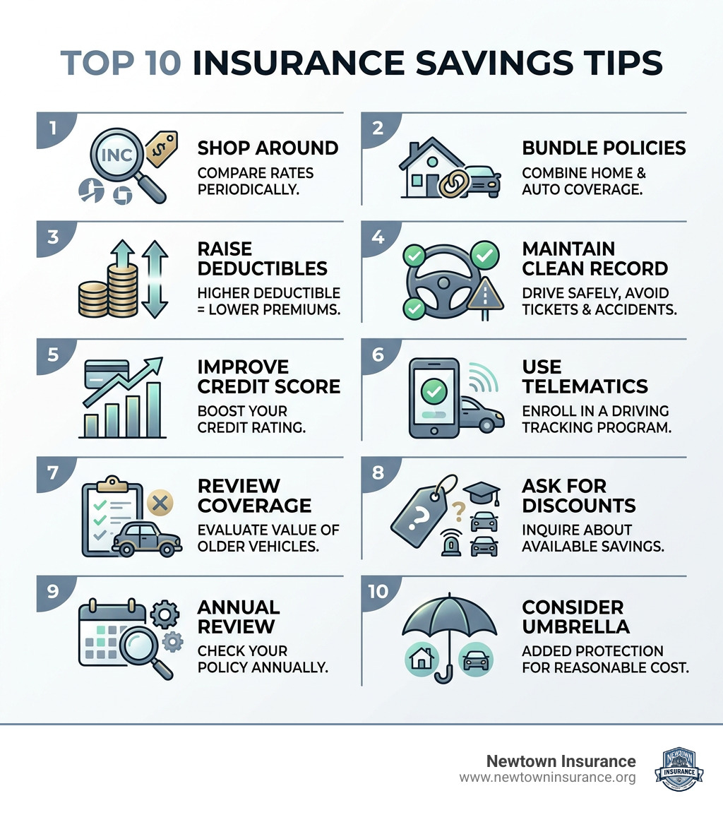 Top 10 insurance savings tips infographic showing key ways to reduce premiums - insurance savings tips infographic 