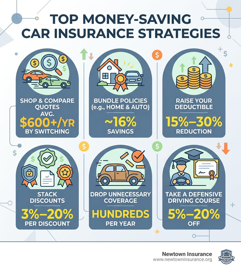 Infographic showing top moneysaving car insurance strategies and their estimated savings percentages - moneysaving car