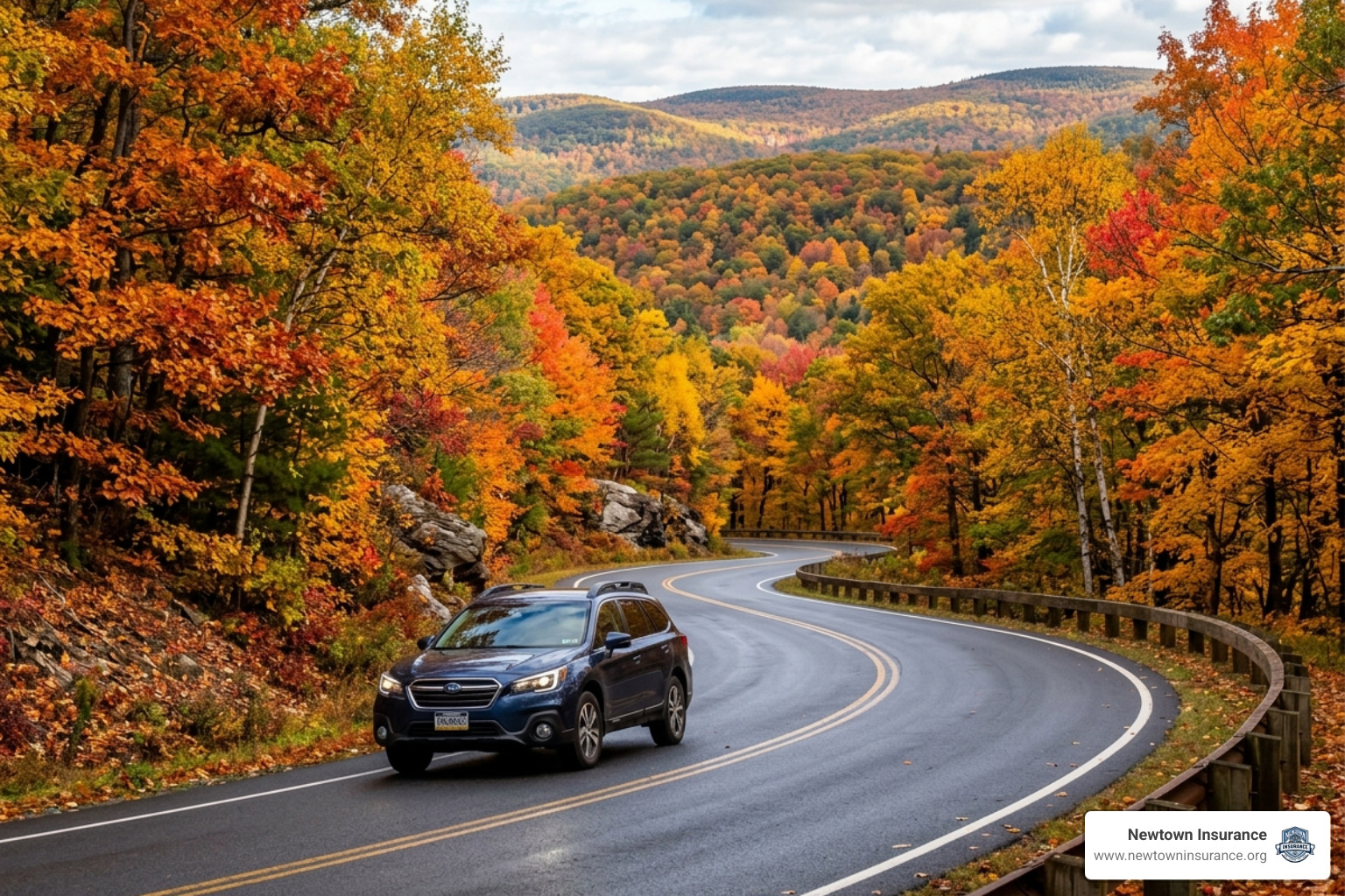 car driving through the scenic Poconos mountains during autumn - car insurance in honesdale pa