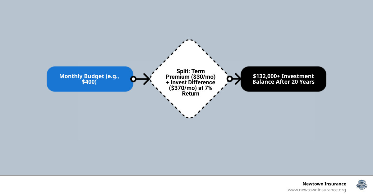 BTID workflow infographic: budget split between term premium and monthly investment, compounding to end-of-term balance
