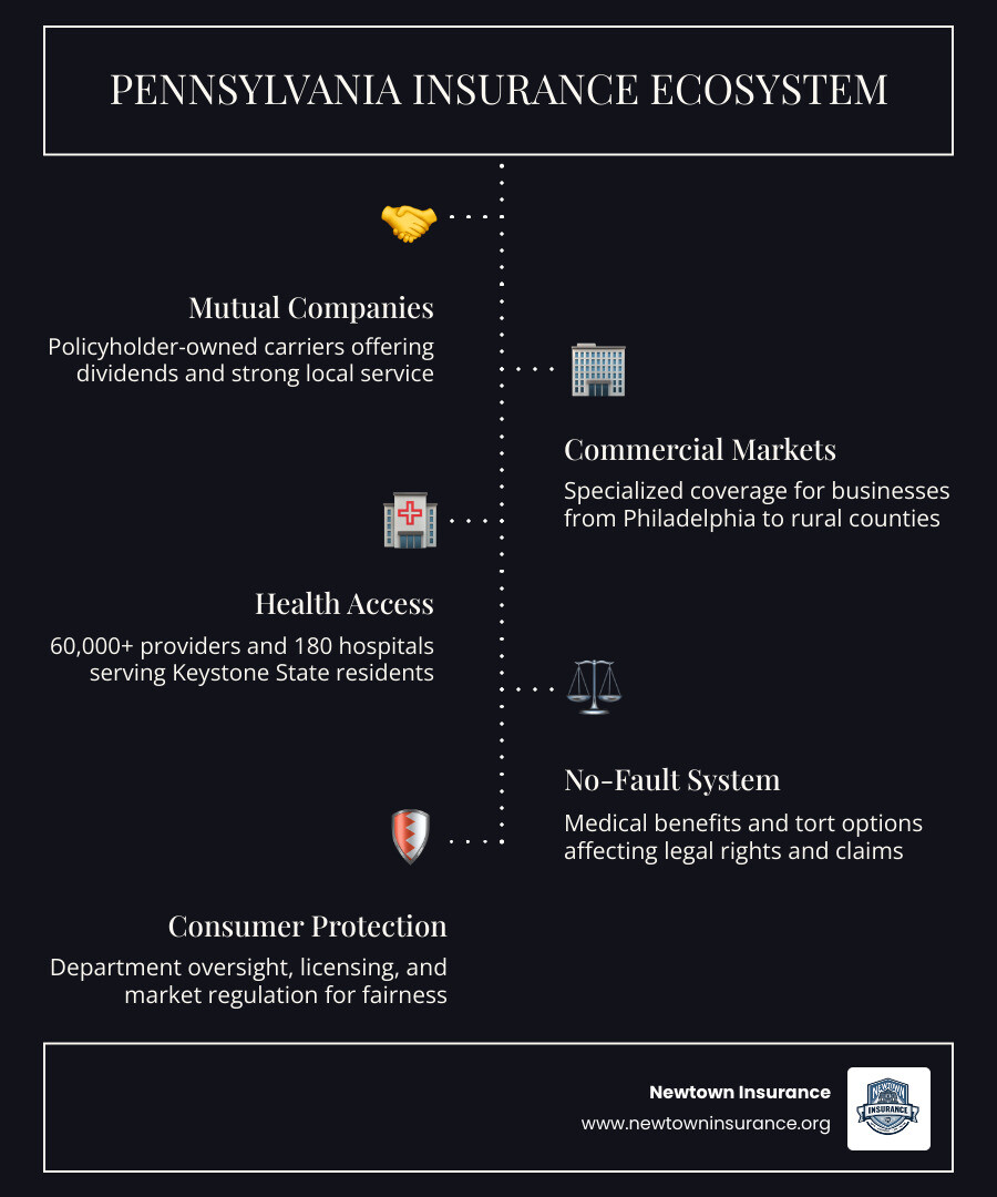 Pennsylvania insurance ecosystem infographic: top carriers, coverage types, ratings, and state requirements infographic