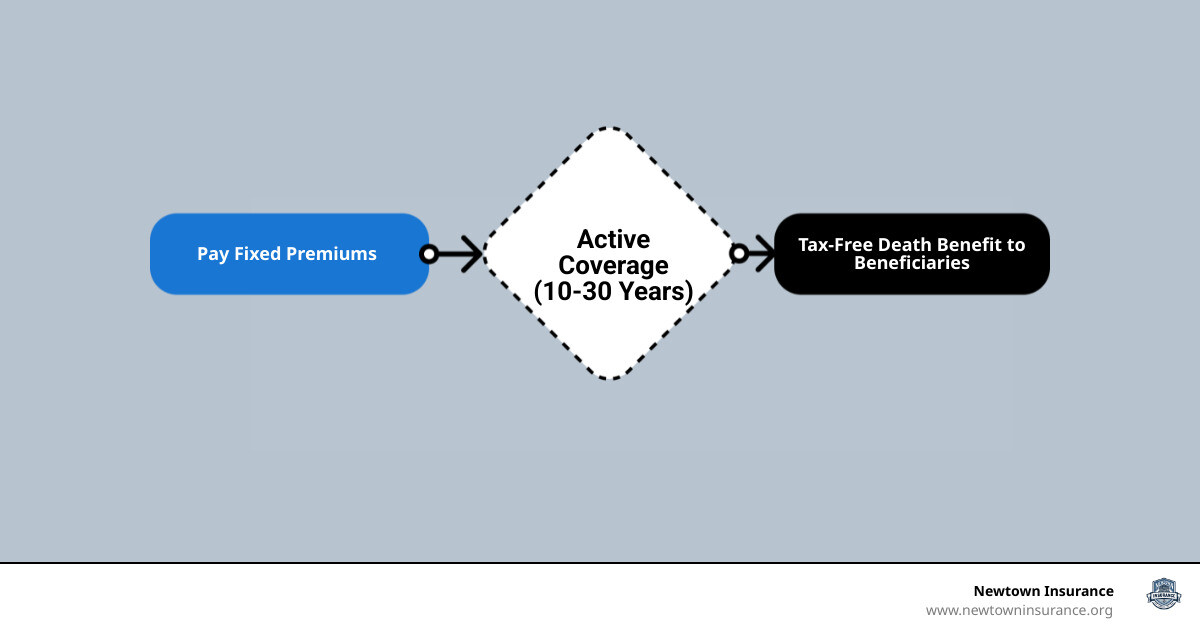 Infographic showing how basic term life insurance works: pay premiums, coverage lasts 10-30 years, beneficiary receives