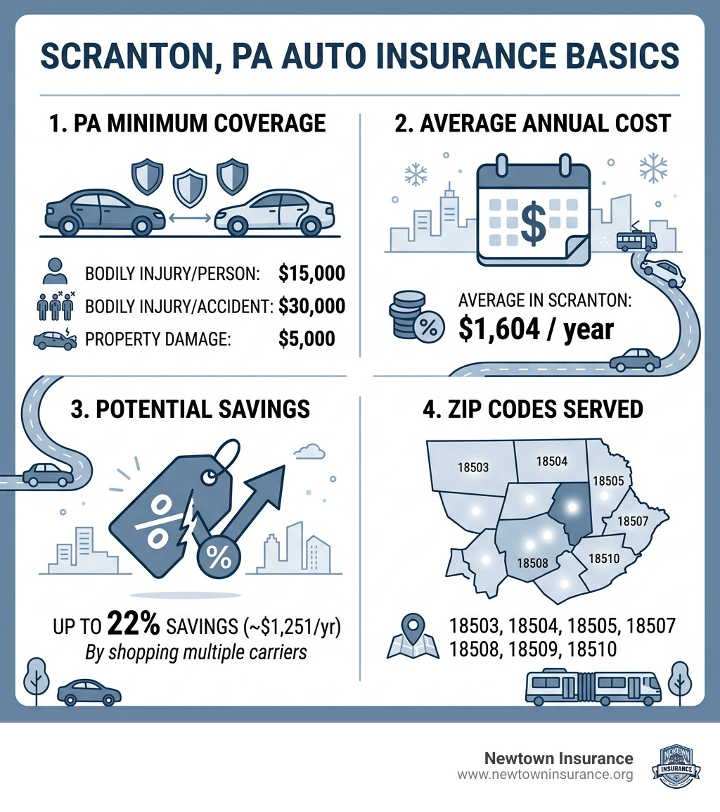 Scranton PA auto insurance basics infographic: minimums, average costs, zip codes, and savings tips - auto insurance