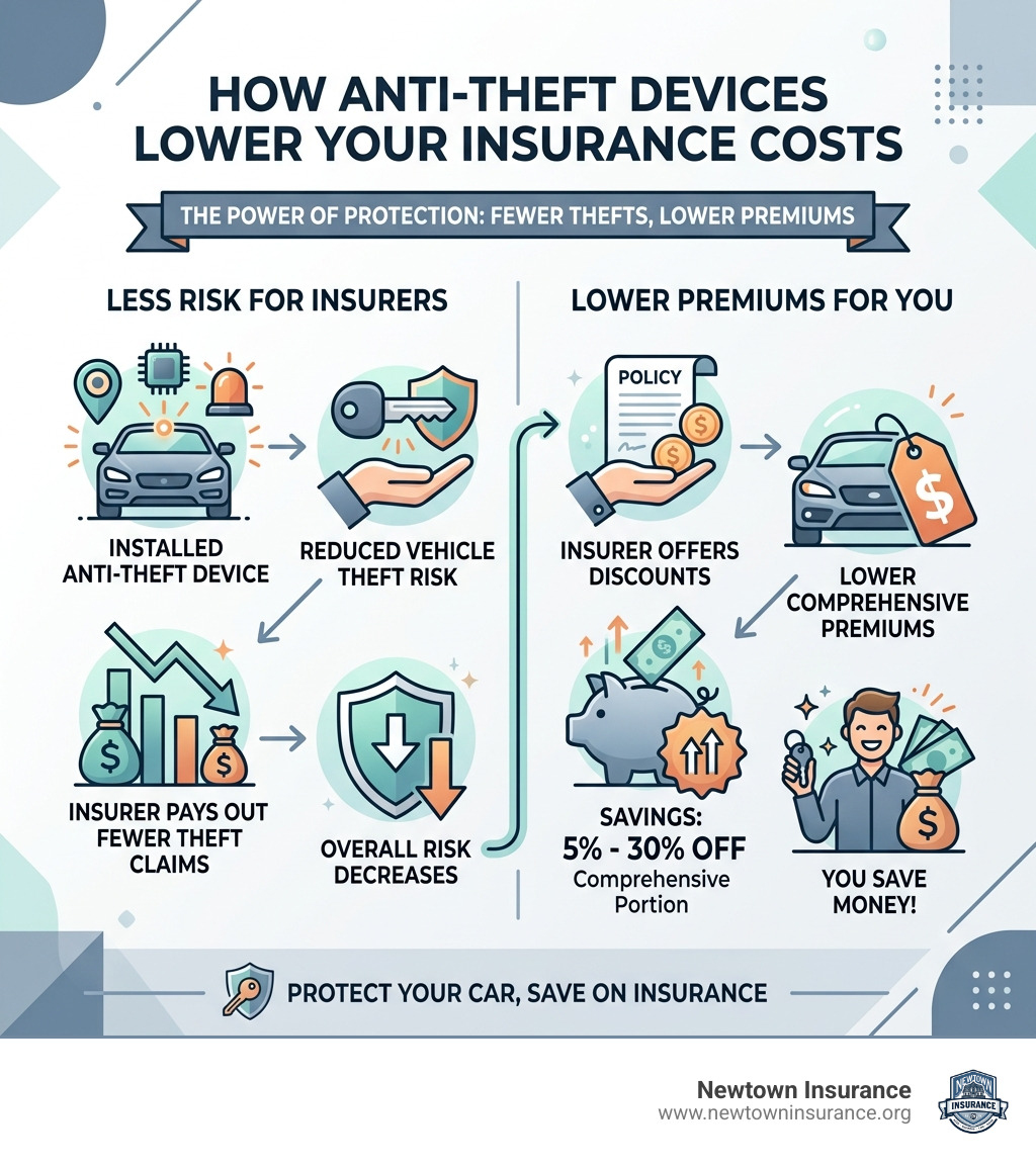 Infographic showing how anti-theft devices lower insurer risk and reduce comprehensive premiums by 5-30% - anti theft