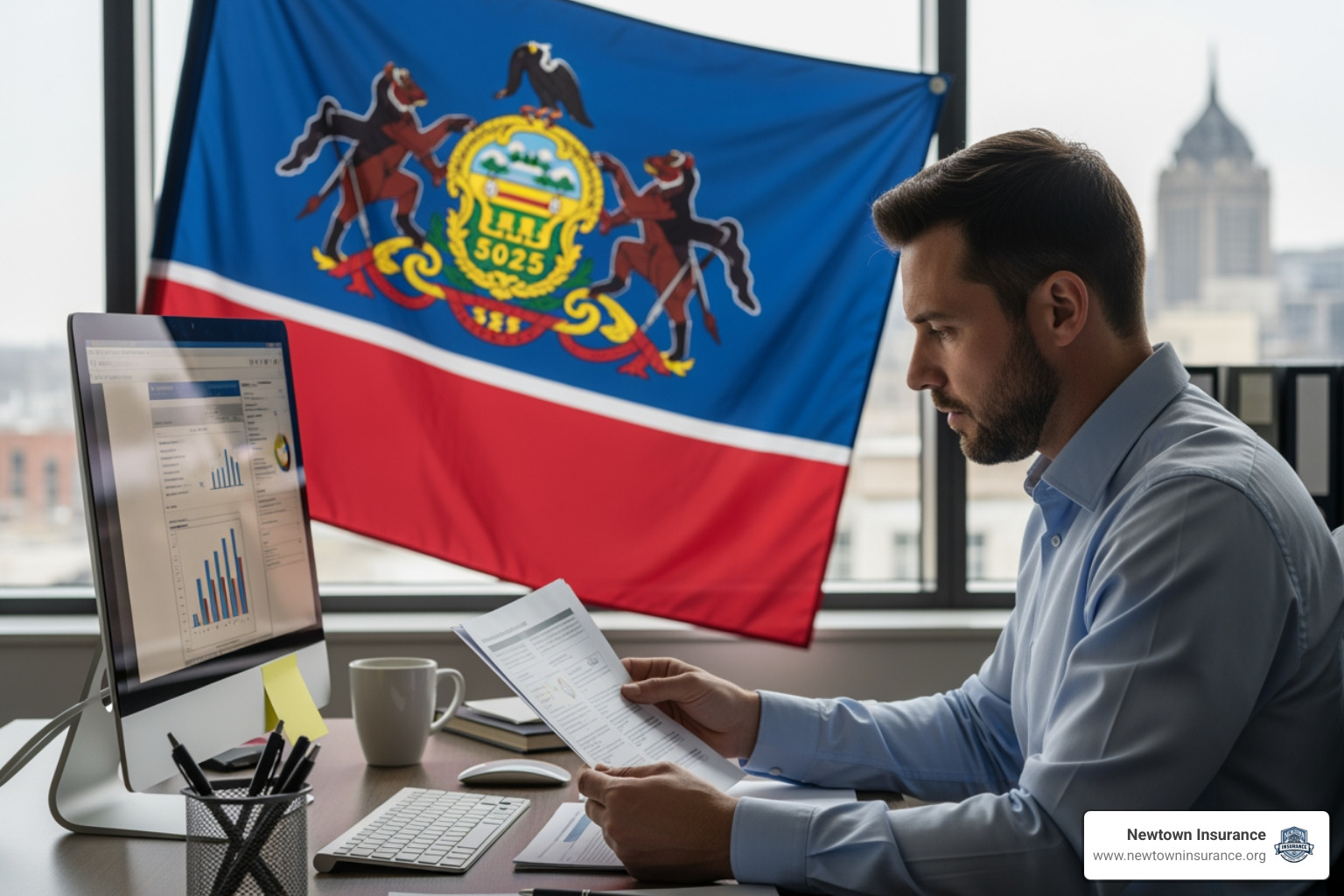 Small business owner in Pennsylvania reviewing compliance documents - Workers compensation insurance PA Small business owner in Pennsylvania reviewing compliance documents - Workers compensation insurance PA