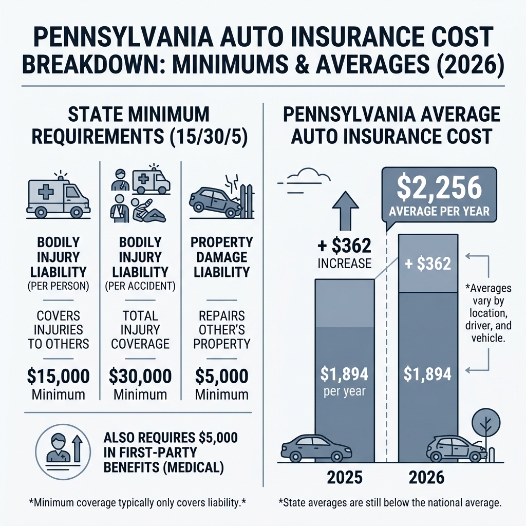 Pennsylvania auto insurance cost breakdown infographic showing minimums, averages, and top providers - Low cost auto