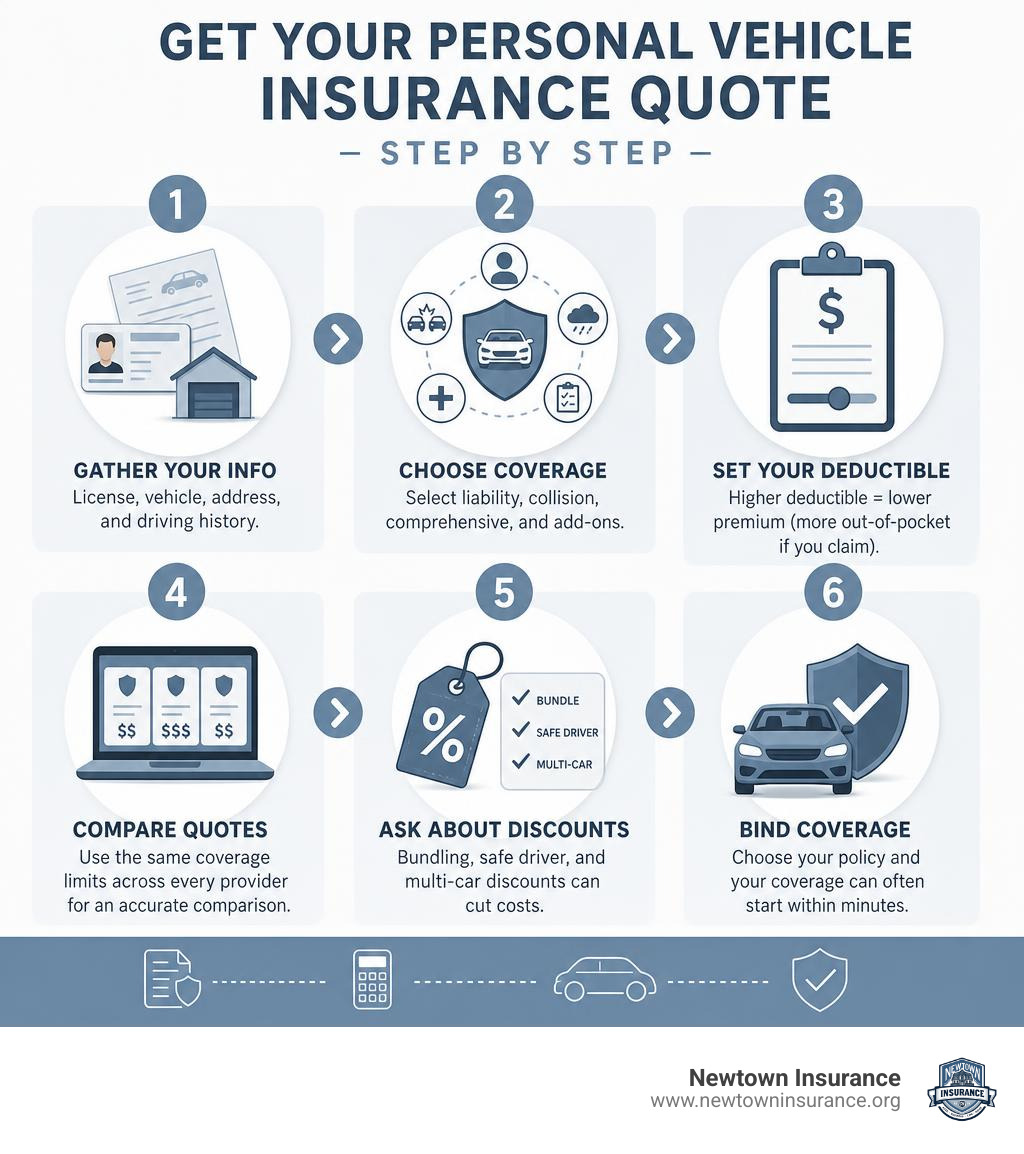Step-by-step infographic showing how to get a personal vehicle insurance quote from info gathering to binding coverage