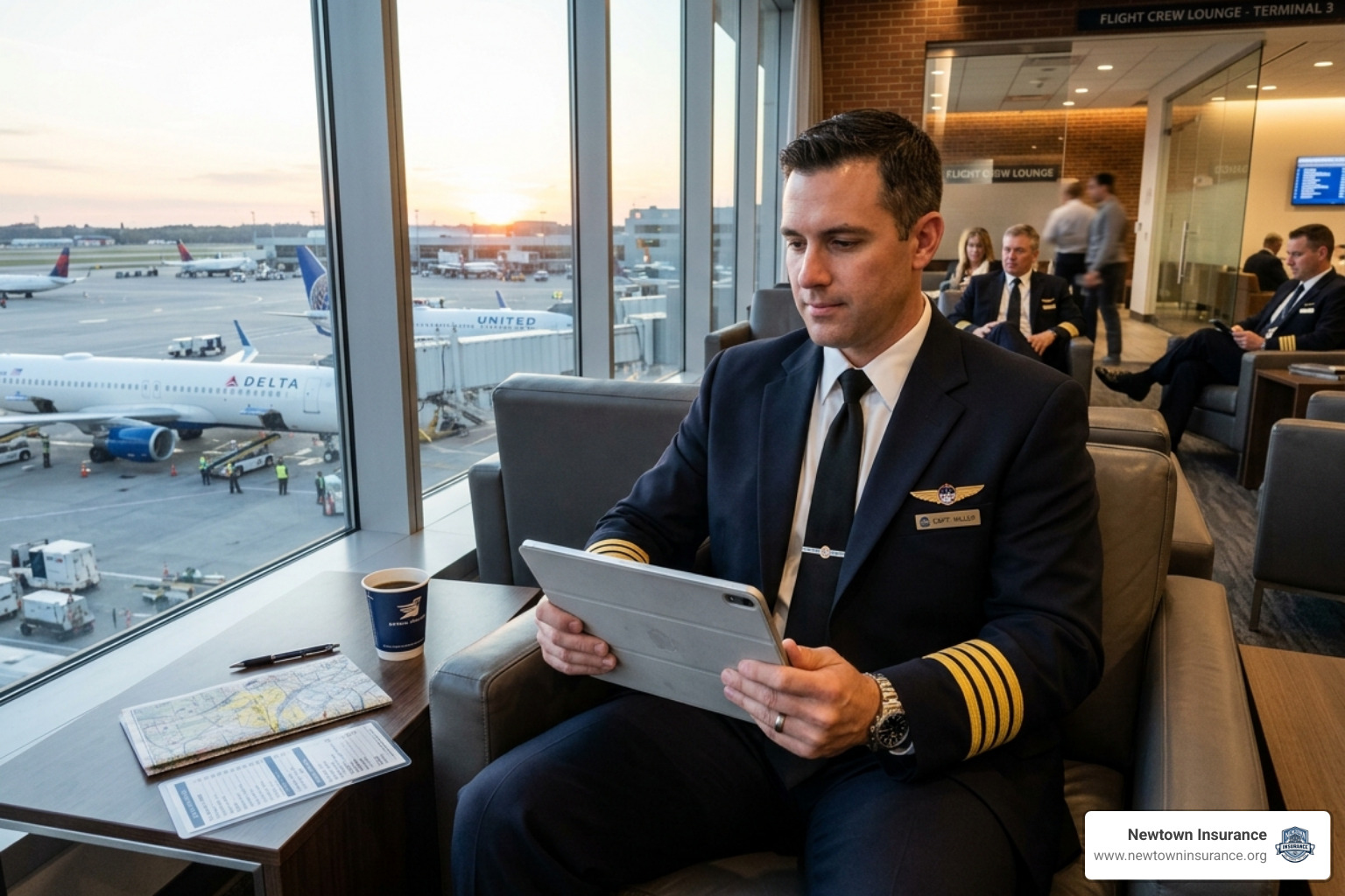 Pilot in a flight lounge reviewing a digital insurance quote on a tablet - best aviation renters insurance
