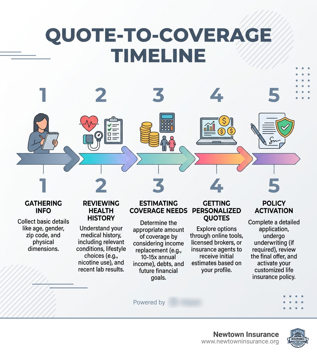 Quote-to-coverage timeline infographic showing 5 steps from gathering info to policy activation - how to get a personalized Quote-to-coverage timeline infographic showing 5 steps from gathering info to policy activation - how to get a personalized