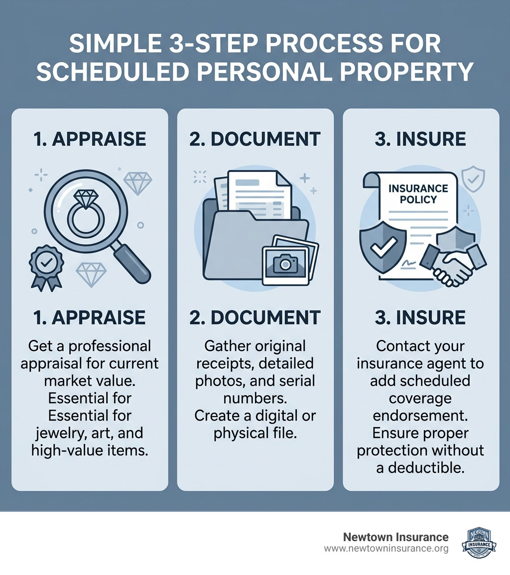 Infographic showing the 3-step process of scheduling property: Appraise, Document, and Insure - scheduled personal property