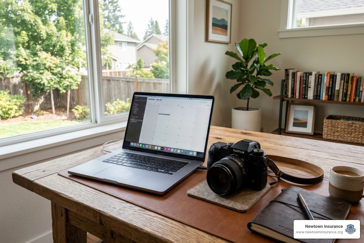 A high-end laptop and professional camera sitting on a desk, representing valuable personal property - renters insurance