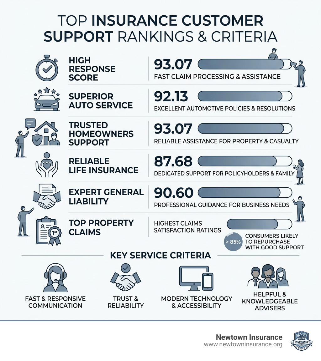 Infographic showing top insurance companies ranked by customer support quality and key service criteria - best insurance Infographic showing top insurance companies ranked by customer support quality and key service criteria - best insurance