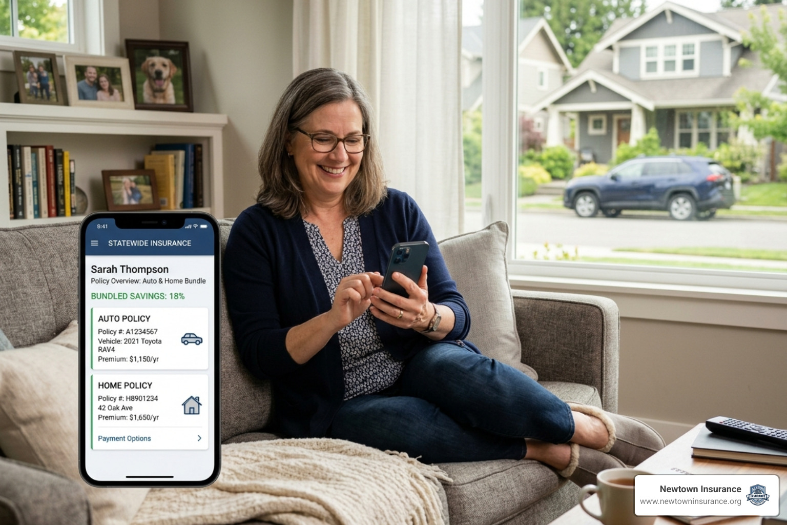 Homeowner using a mobile app to manage their bundled insurance policies conveniently - auto and home bundle