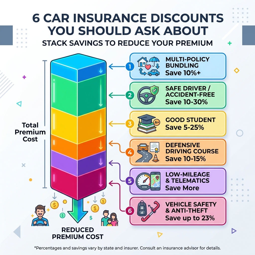 Infographic showing 6 car insurance discounts stacking to reduce total premium cost - 6 car insurance discounts you should Infographic showing 6 car insurance discounts stacking to reduce total premium cost - 6 car insurance discounts you should