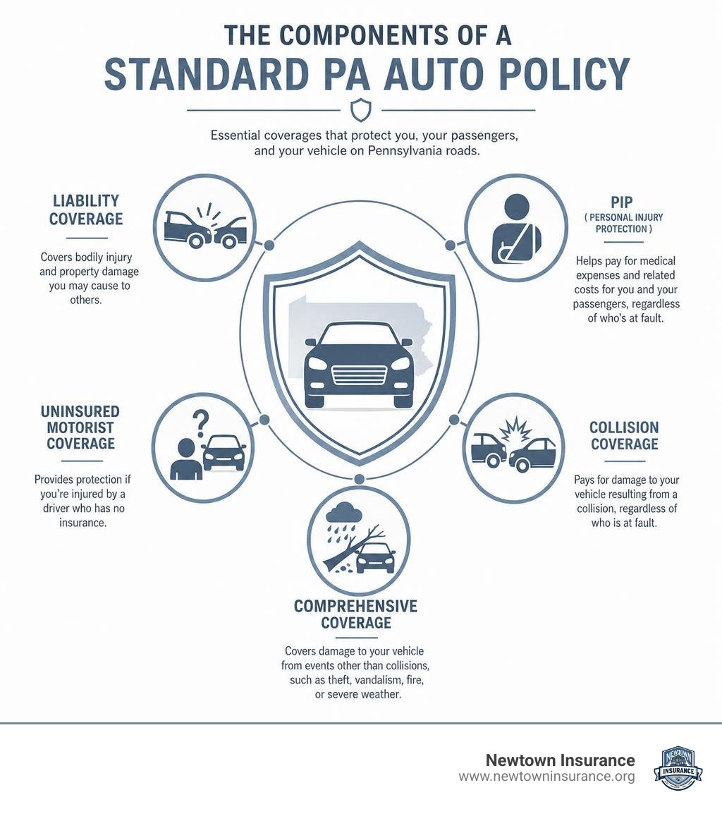 Infographic showing components of a standard PA auto policy including liability, PIP, uninsured motorist, collision, and