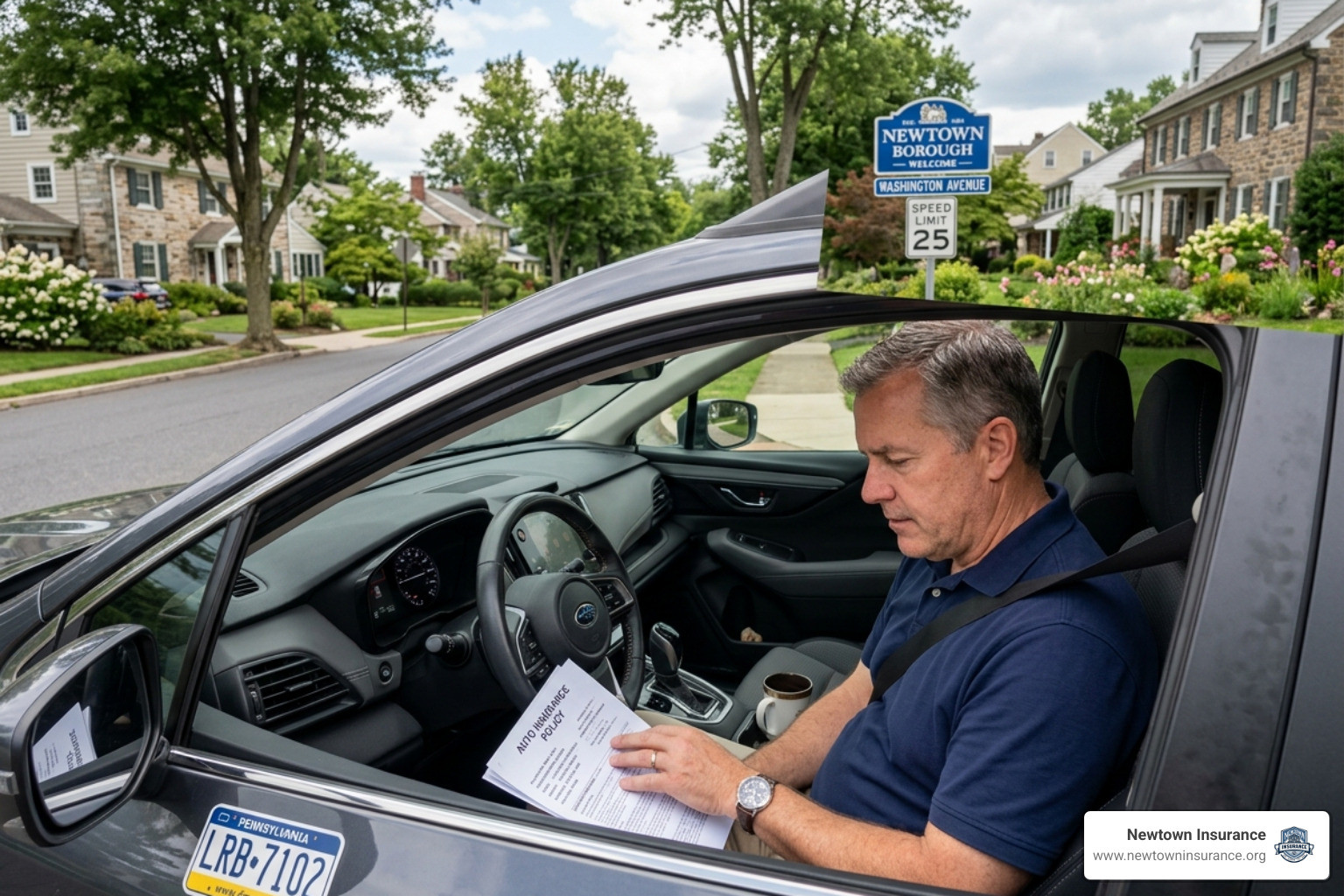 Driver reviewing a car insurance policy in Newtown PA Driver reviewing a car insurance policy in Newtown PA