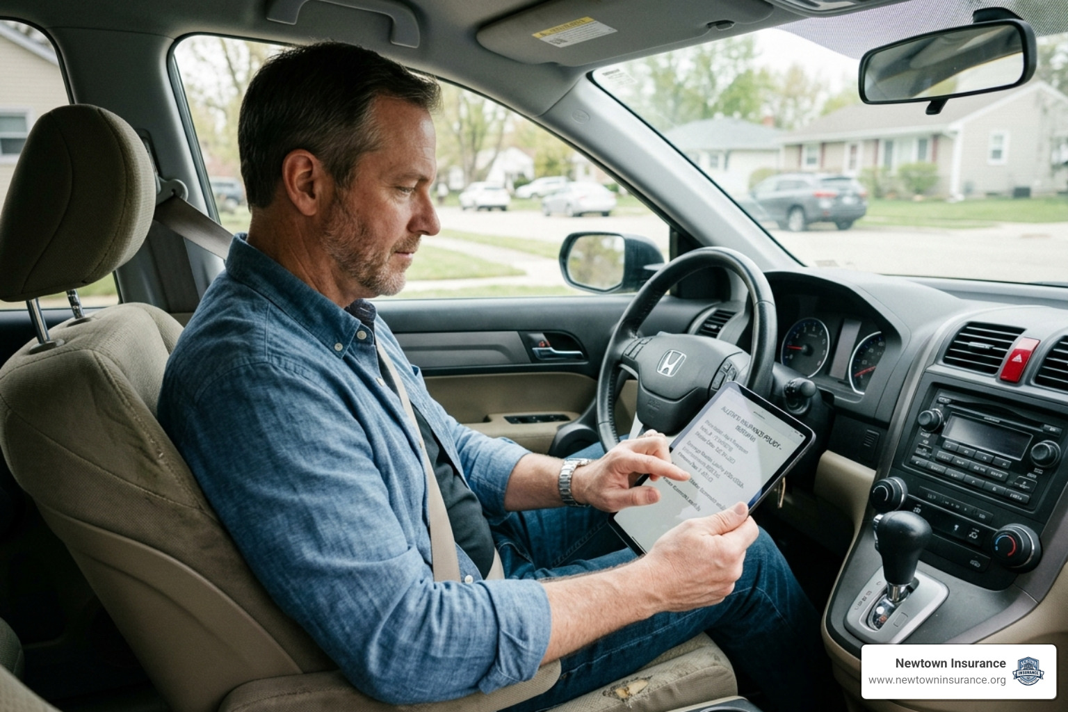 Driver sitting in their car reviewing an insurance policy on a tablet - anti theft discount auto insurance
