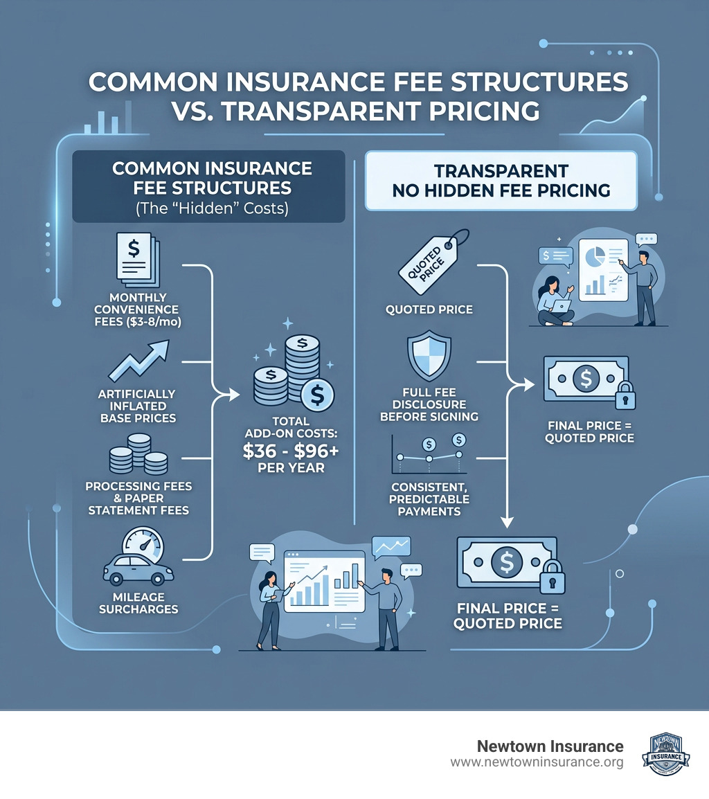 Infographic showing common insurance fee structures and how transparent pricing compares - no hidden fee insurance