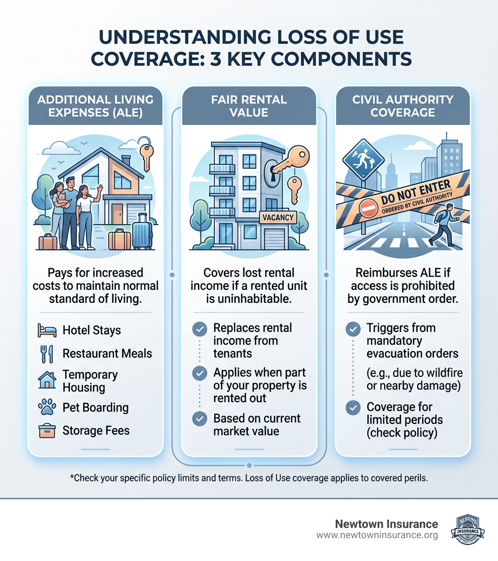 Infographic showing three components of loss of use: ALE, Fair Rental Value, and Civil Authority coverage - Loss of use