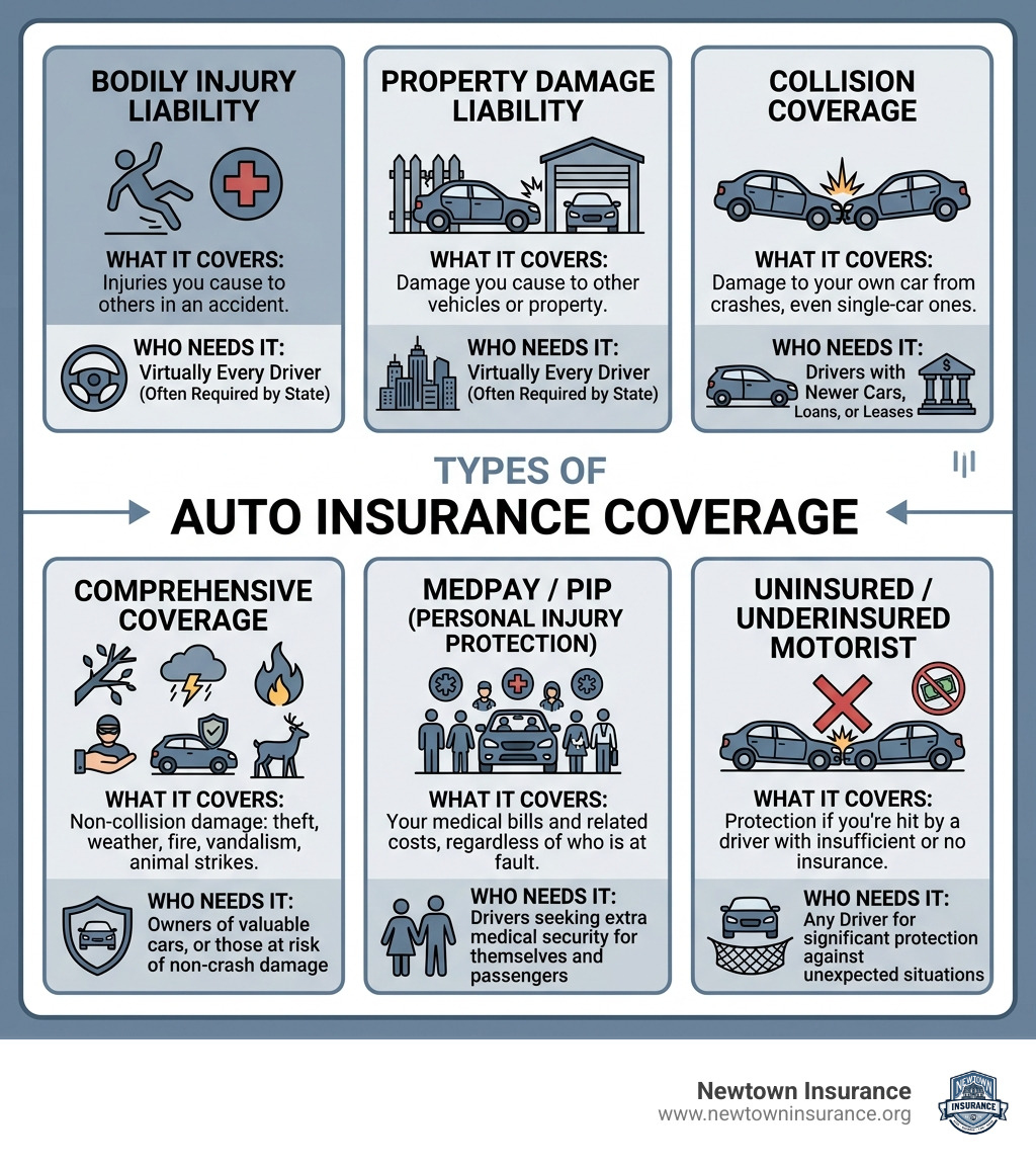 Types of auto insurance coverage infographic showing coverage types, what they cover, and who needs them - auto insurance