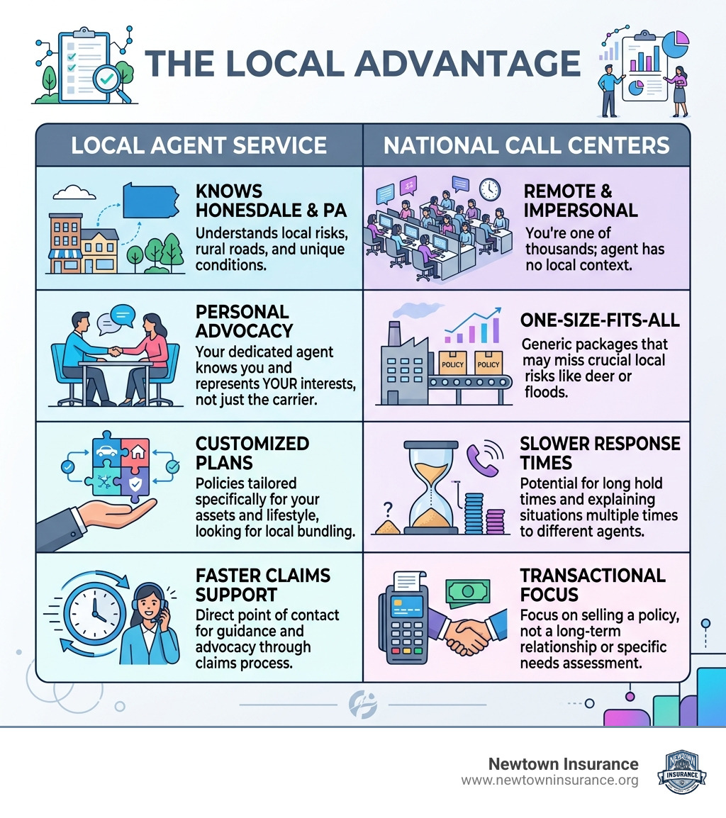 The Newtown Insurance Advantage table comparing local service vs national call centers - car insurance in honesdale pa