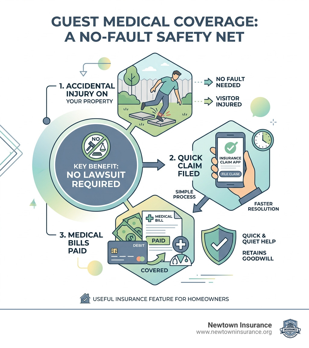 Infographic showing no-fault nature of guest medical coverage: guest injured, claim filed, bills paid without proving fault