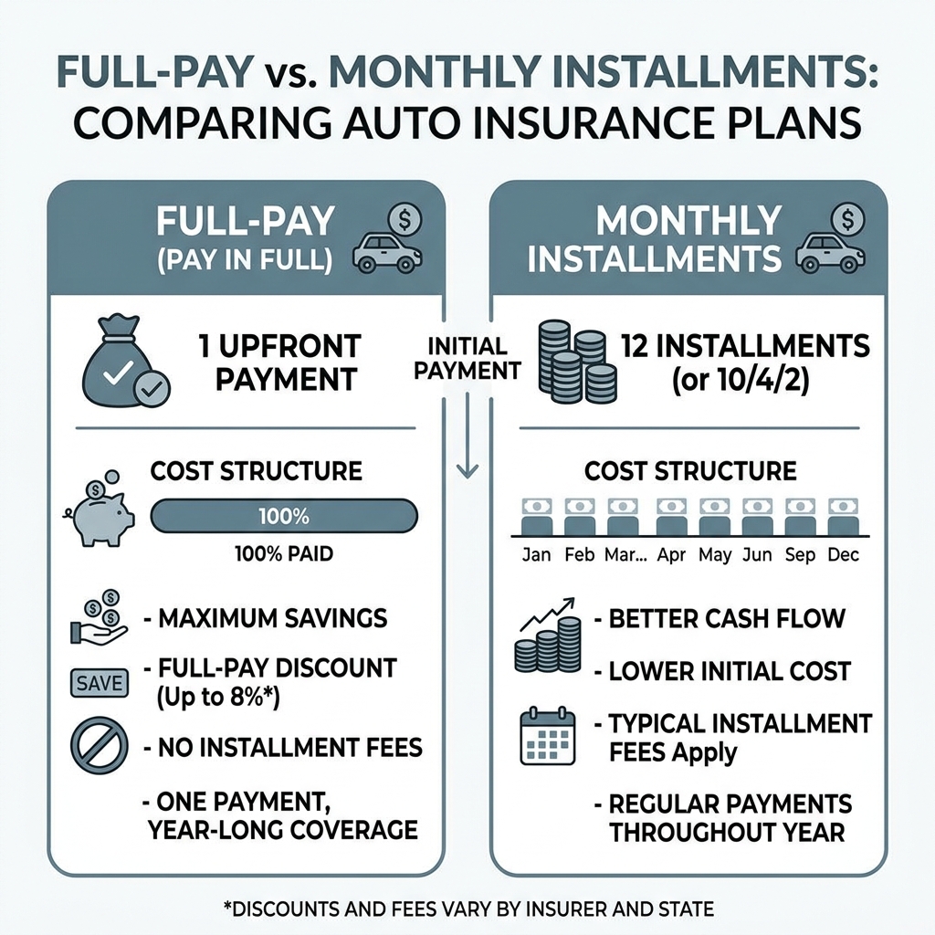 Infographic comparing full-pay vs monthly installment auto insurance payment plans, showing costs and discounts - auto Infographic comparing full-pay vs monthly installment auto insurance payment plans, showing costs and discounts - auto