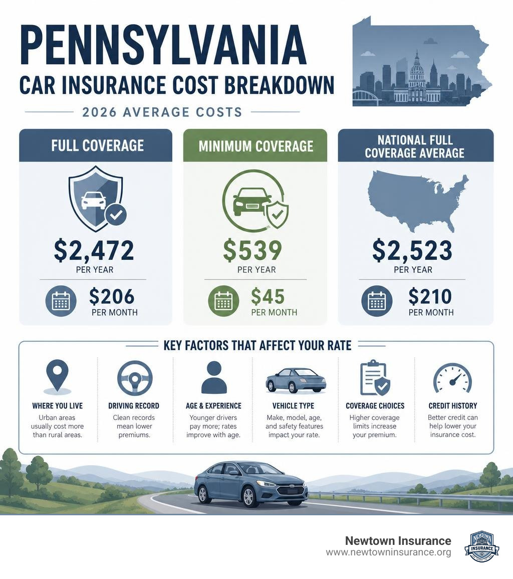 Pennsylvania car insurance cost breakdown infographic with full coverage, minimum coverage, and key rate factors infographic