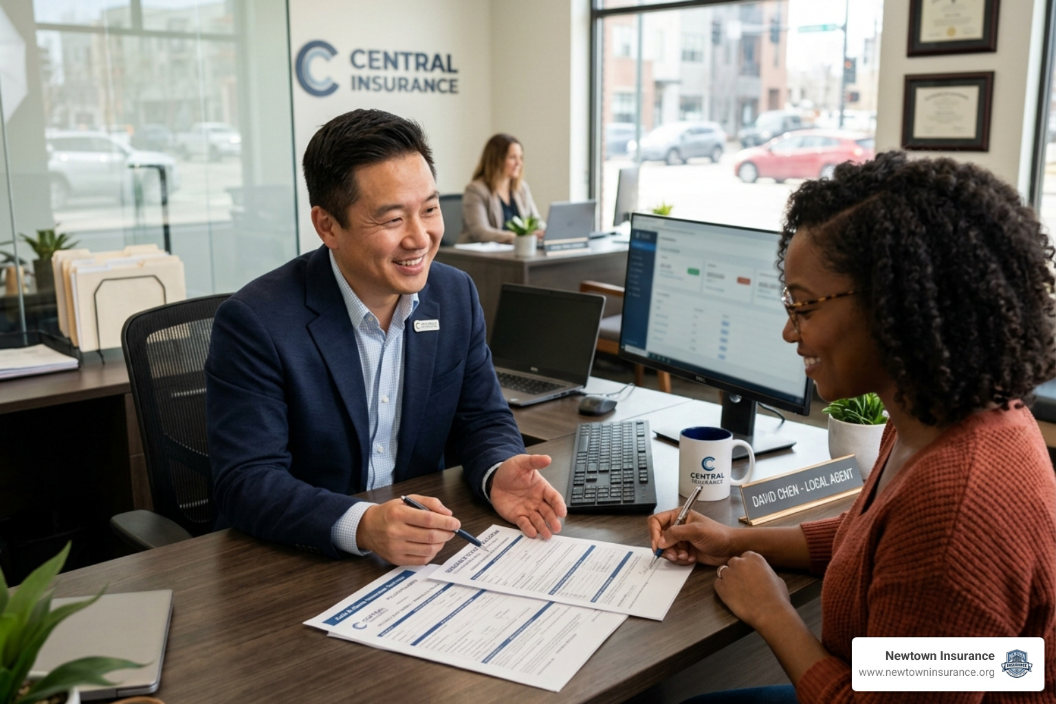 A friendly local insurance agent helping a client with paperwork in a modern office - car insurance reading pa