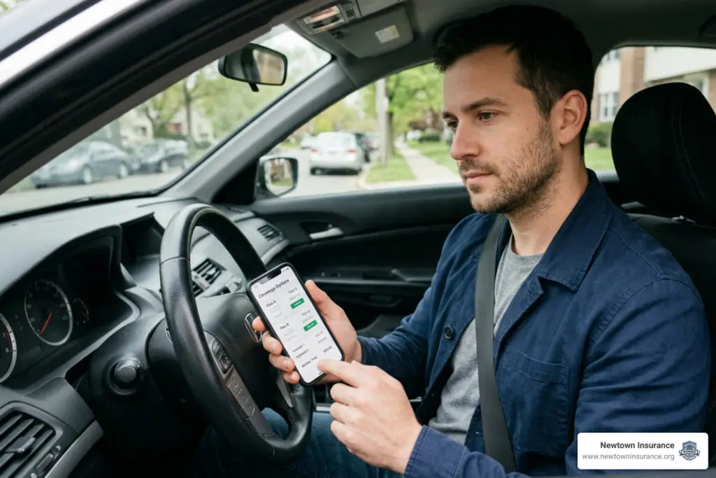 driver reviewing car insurance policy options and rate quotes